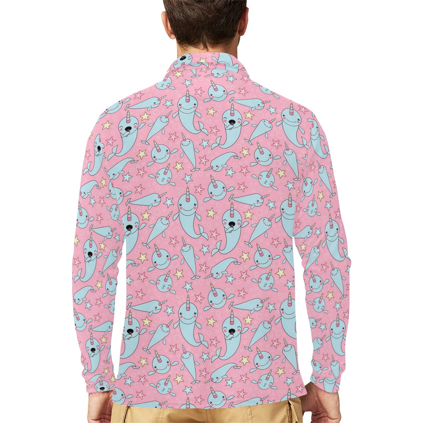 Narwhal Cartoon Cute Print Long Sleeve Polo Shirt For Men's