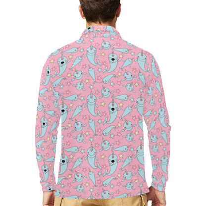 Narwhal Cartoon Cute Print Long Sleeve Polo Shirt For Men's