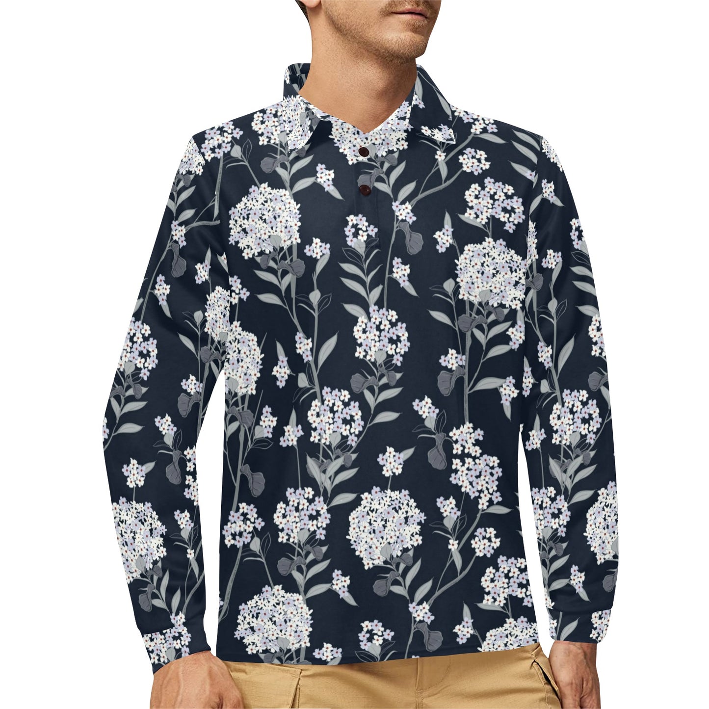 Hydrangea Pattern Print Design HD07 Long Sleeve Polo Shirt For Men's