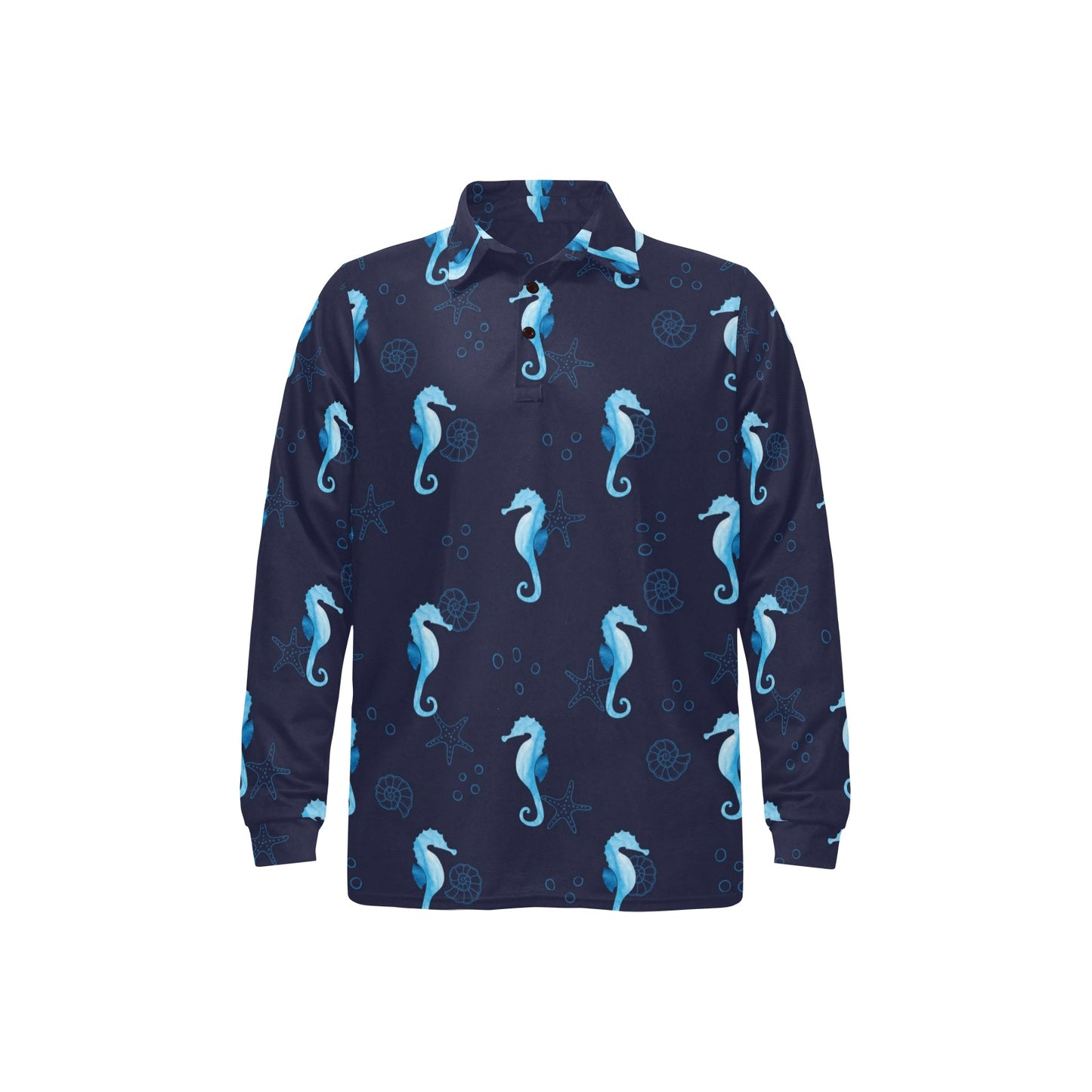 SeaHorse Blue neon Pattern Print Design 03 Long Sleeve Polo Shirt For Men's