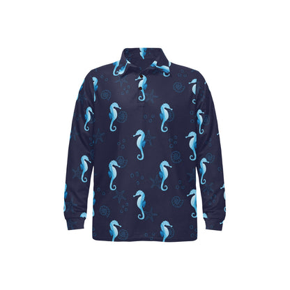 SeaHorse Blue neon Pattern Print Design 03 Long Sleeve Polo Shirt For Men's