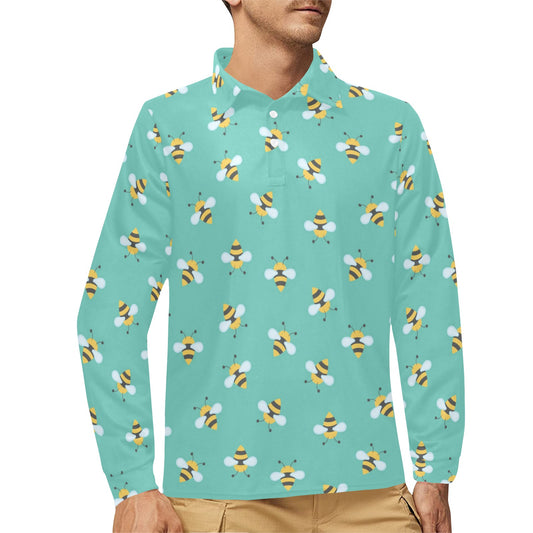 Bee Pattern Print Design 01 Long Sleeve Polo Shirt For Men's