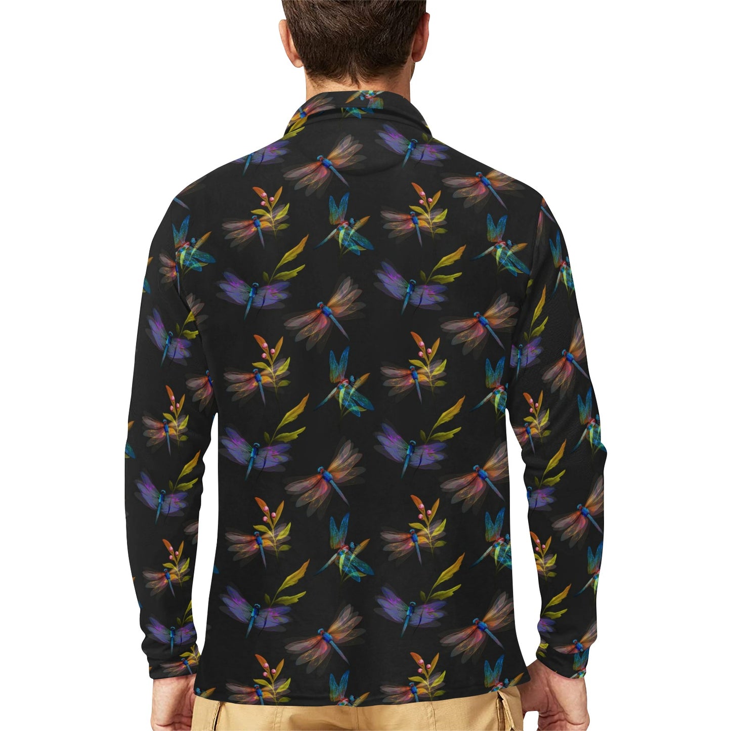 Dragonfly Colorful Realistic Print Long Sleeve Polo Shirt For Men's