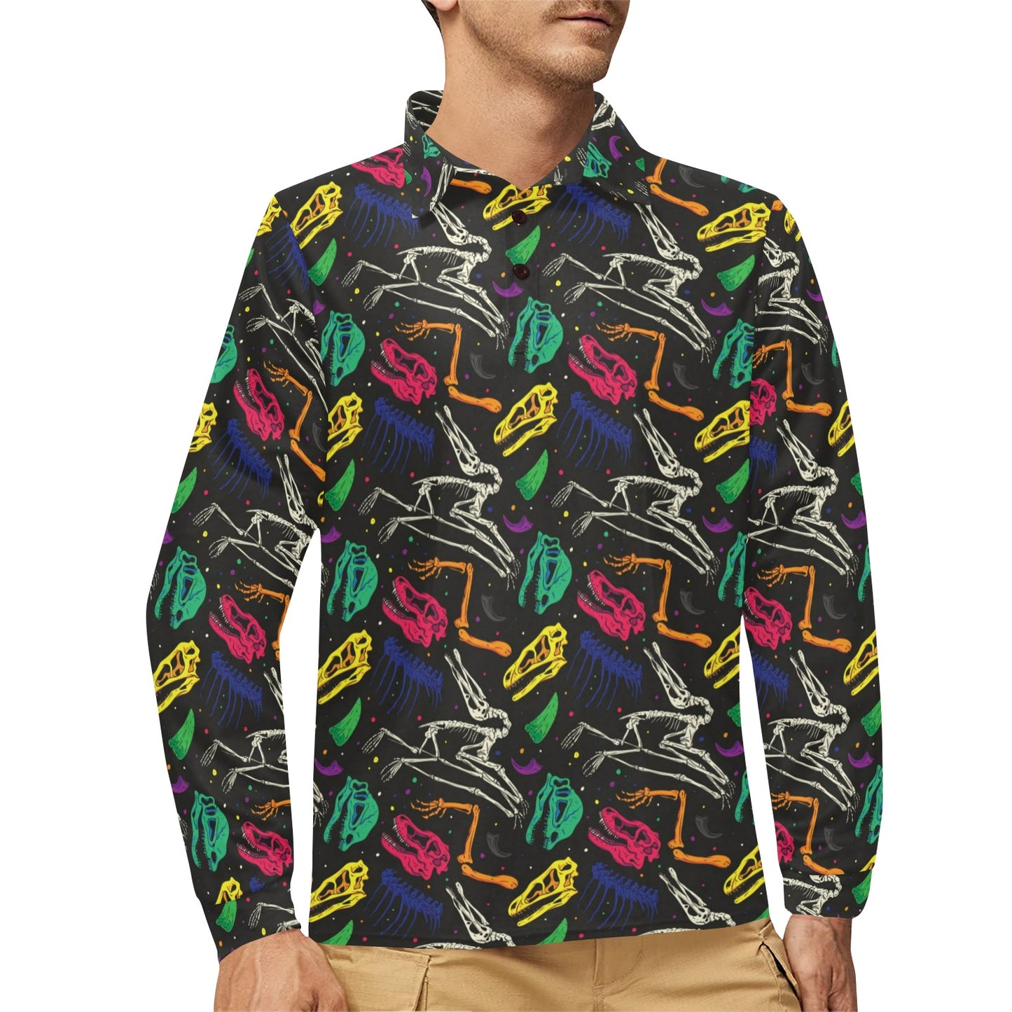 Dinosaur Skull Color Print Pattern Long Sleeve Polo Shirt For Men's