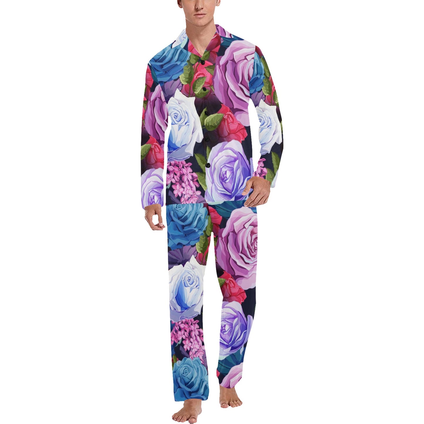 Rose Pattern Print Design RO09 Men's Long Pajama Set