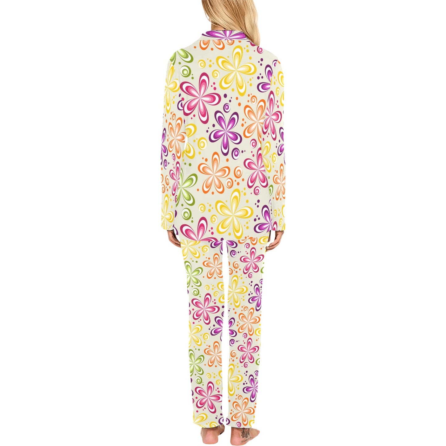 Flower Power Colorful Design Print Women's Long Pajama Set