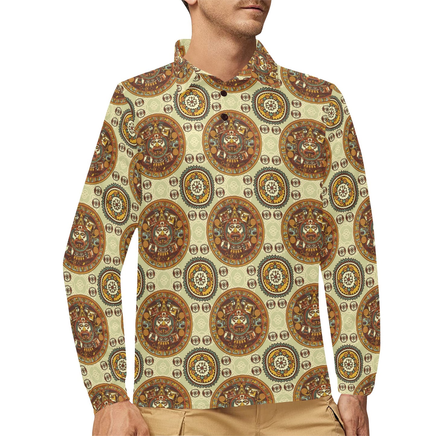 Calendar Aztec Themed Print Pattern Long Sleeve Polo Shirt For Men's