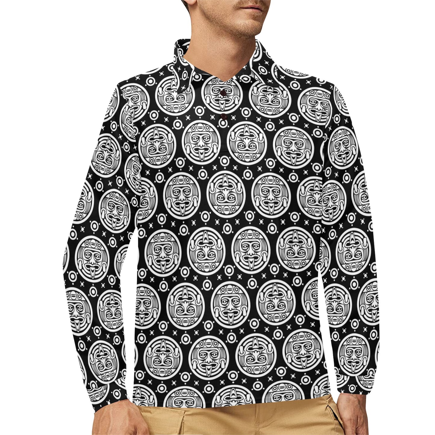 Calendar Aztec White Black Print Pattern Long Sleeve Polo Shirt For Men's