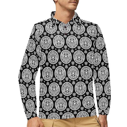 Calendar Aztec White Black Print Pattern Long Sleeve Polo Shirt For Men's
