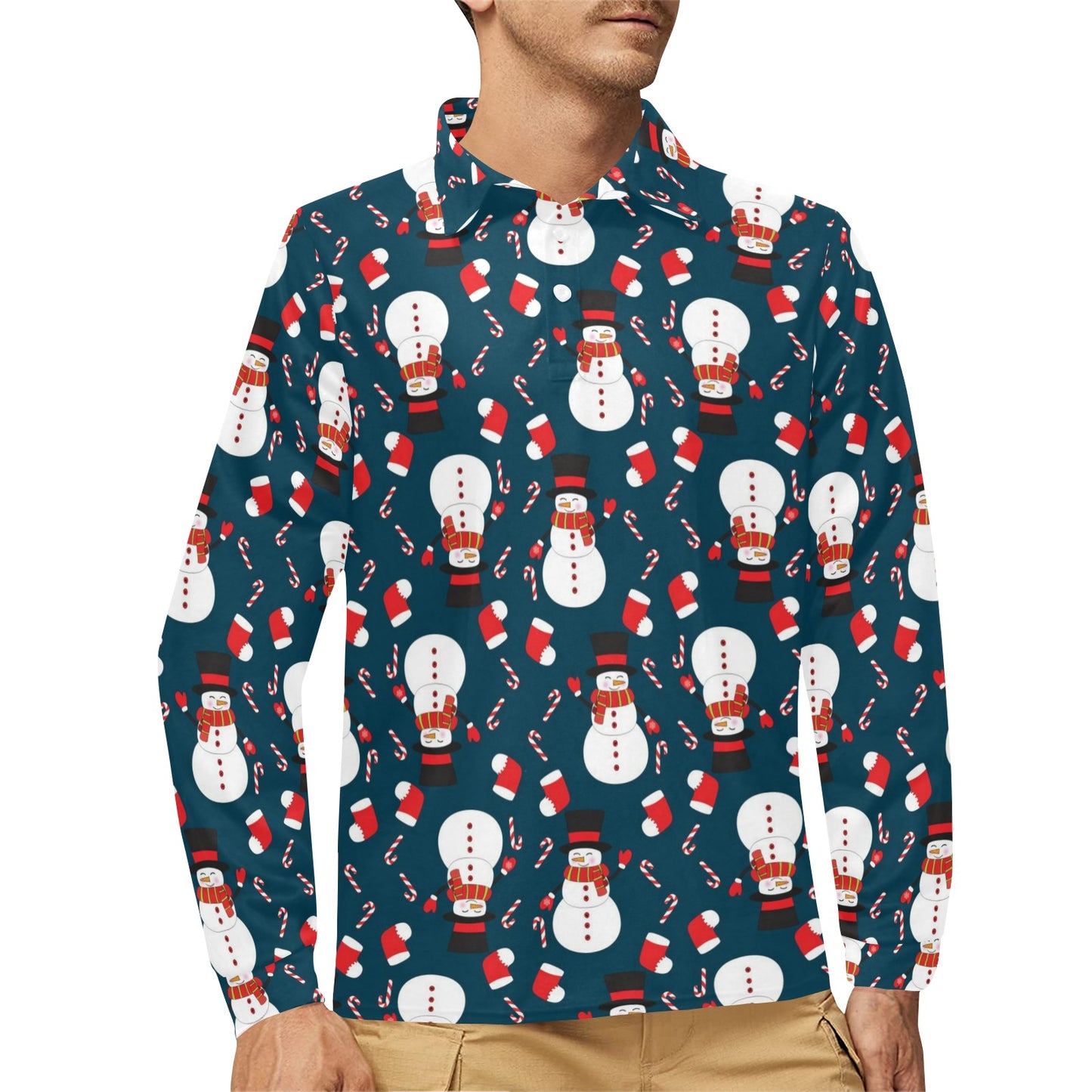 Snowman Print Design LKS301 Long Sleeve Polo Shirt For Men's