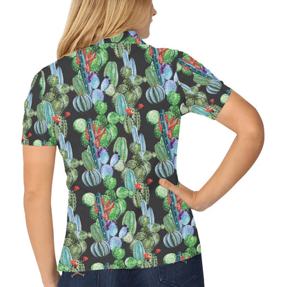 Cactus Watercolor Style Print Women's Polo Shirt