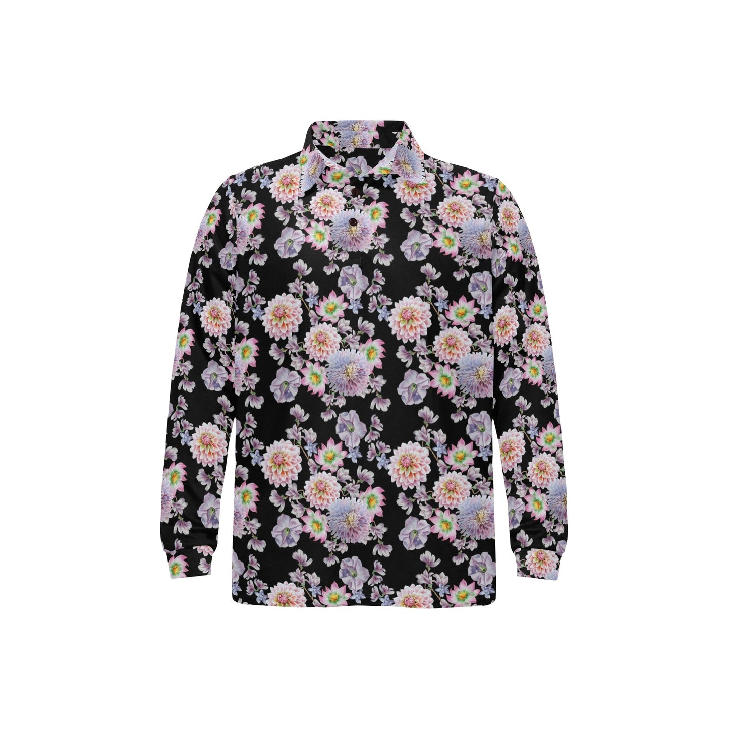 Dahlia Pattern Print Design DH012 Long Sleeve Polo Shirt For Men's
