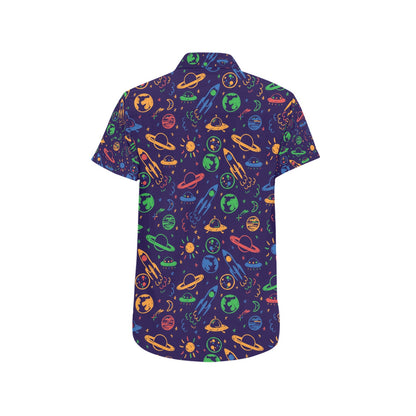 UFO Space Rocket Print Design LKS302 Men Short Sleeve Button Up Shirt