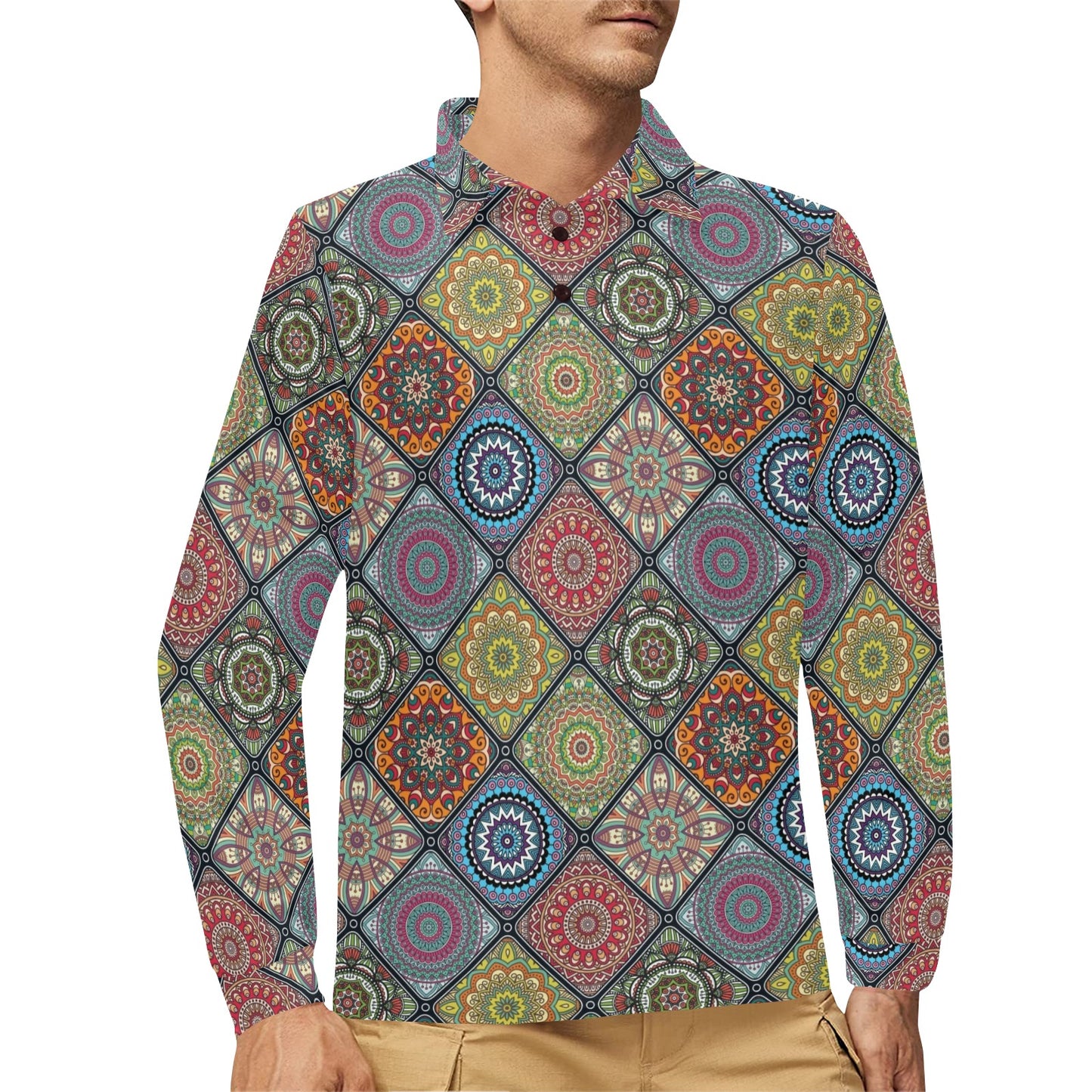 Bohemian Pattern Print Design 05 Long Sleeve Polo Shirt For Men's