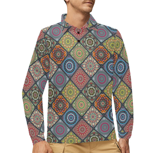 Bohemian Pattern Print Design 05 Long Sleeve Polo Shirt For Men's