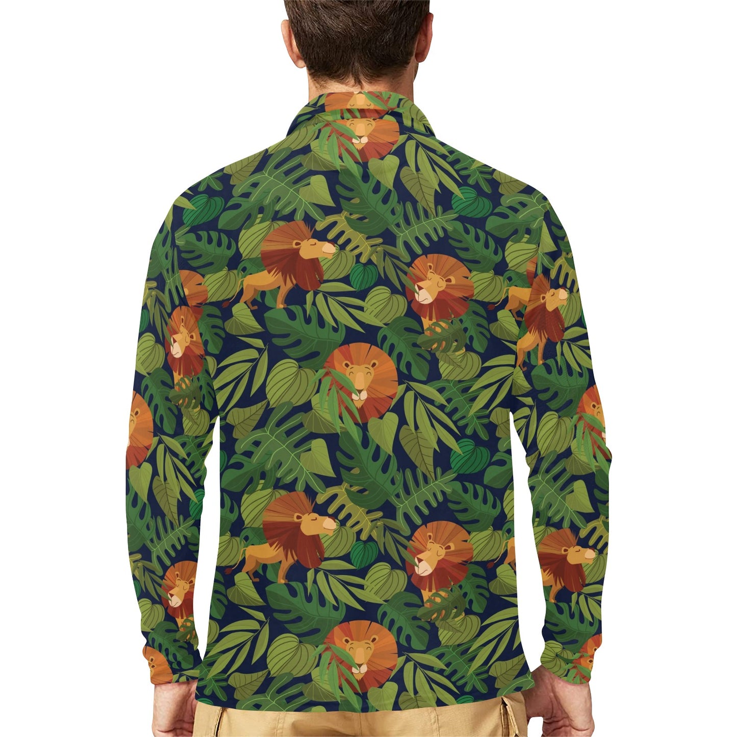Lion Jungle Pattern Print Design 05 Long Sleeve Polo Shirt For Men's