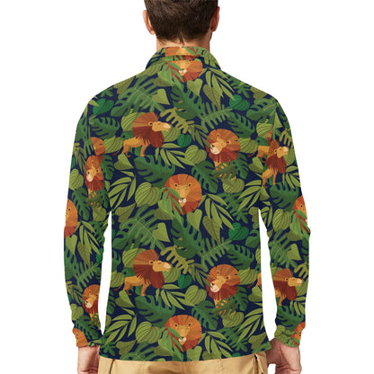 Lion Jungle Pattern Print Design 05 Long Sleeve Polo Shirt For Men's