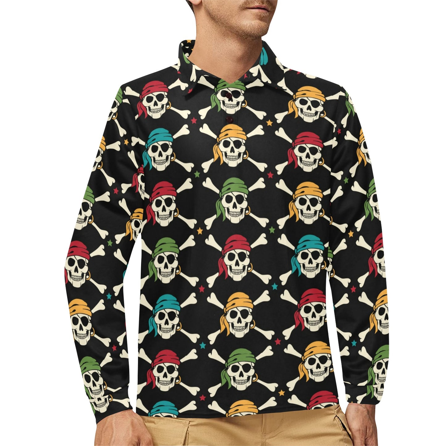 Pirate Pattern Print Design A01 Long Sleeve Polo Shirt For Men's