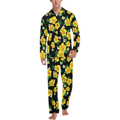 Yellow Hibiscus Pattern Print Design HB08 Men's Long Pajama Set