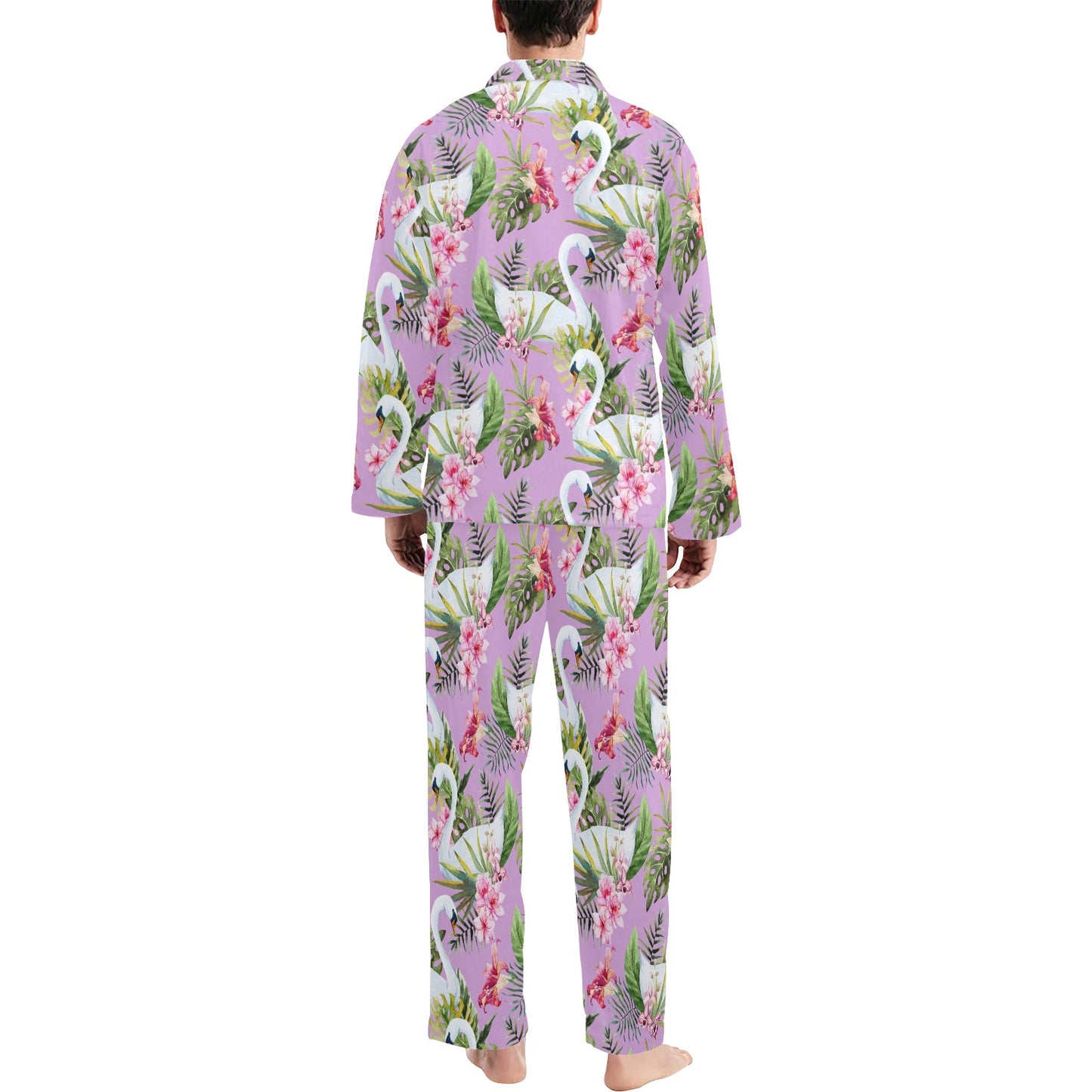 Swan with Flower Pattern Print Design 01 Men's Long Pajama Set