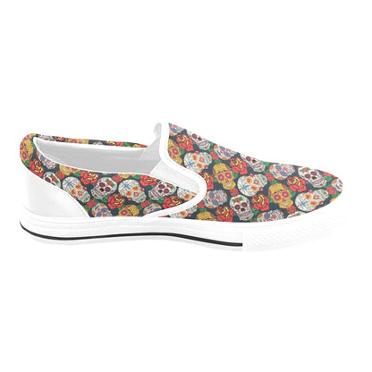 Sugar Skull Print Design LKS306 White Slip Ons Canvas Women's Shoes