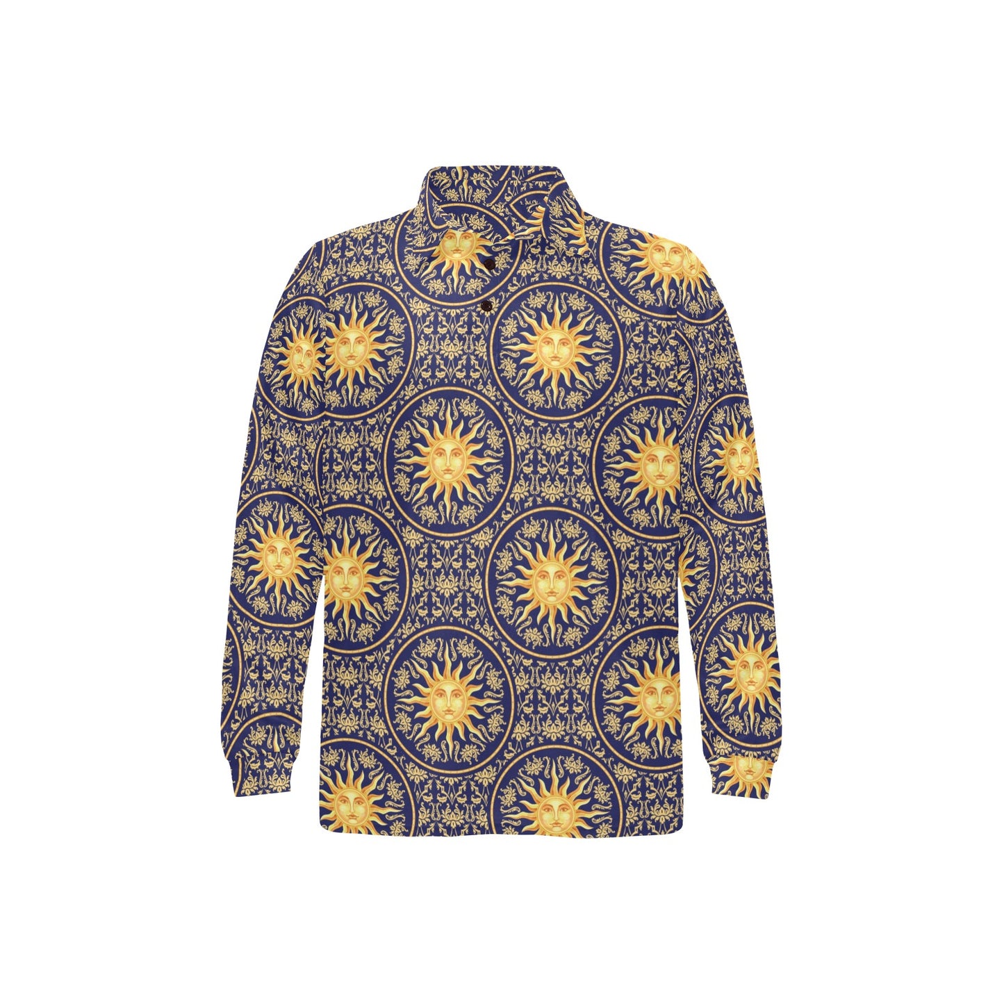 Celestial Gold Sun Face Long Sleeve Polo Shirt For Men's