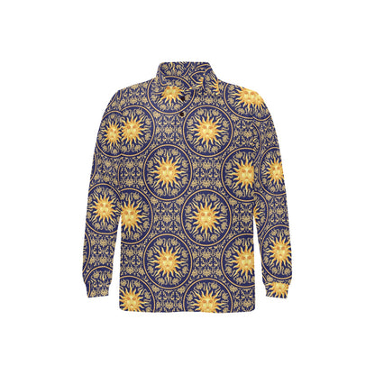 Celestial Gold Sun Face Long Sleeve Polo Shirt For Men's