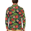 Hibiscus Red With Parrotprint Design LKS303 Long Sleeve Polo Shirt For Men's