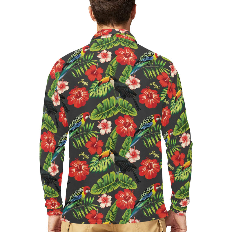 Hibiscus Red With Parrotprint Design LKS303 Long Sleeve Polo Shirt For Men's