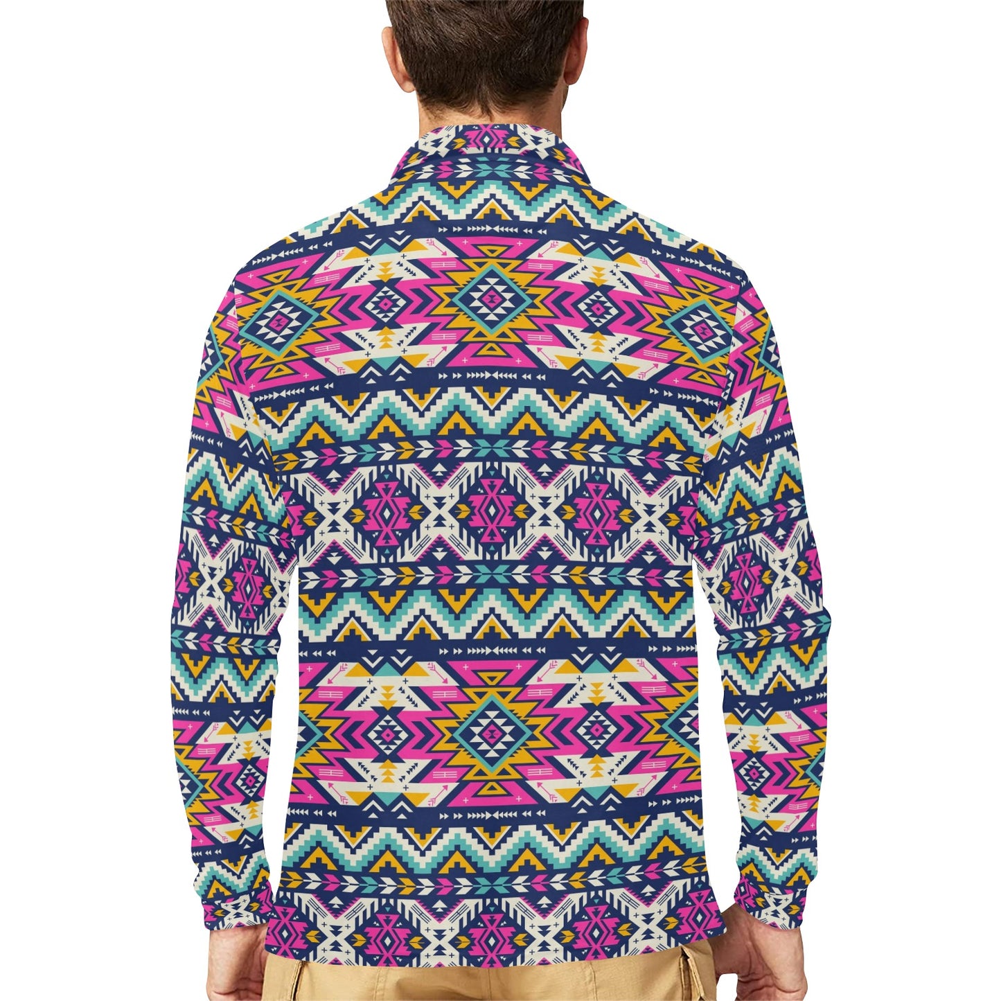 Aztec Pink Geometric Print Pattern Long Sleeve Polo Shirt For Men's