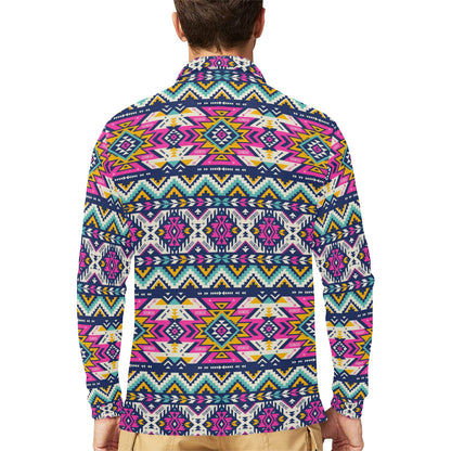 Aztec Pink Geometric Print Pattern Long Sleeve Polo Shirt For Men's