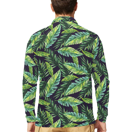Tropical Flower Pattern Print Design TF06 Long Sleeve Polo Shirt For Men's