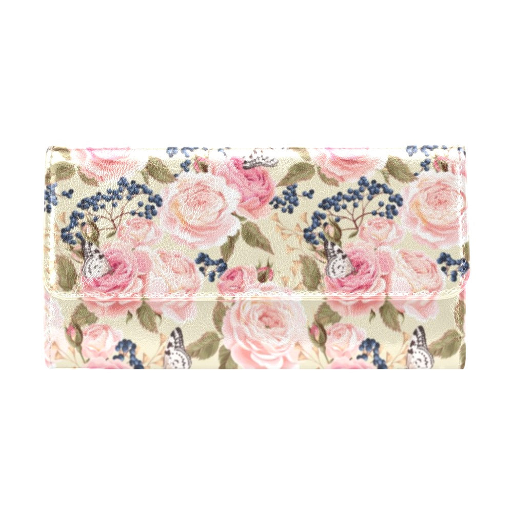 Floral Pink Butterfly Print Women's Trifold Wallet