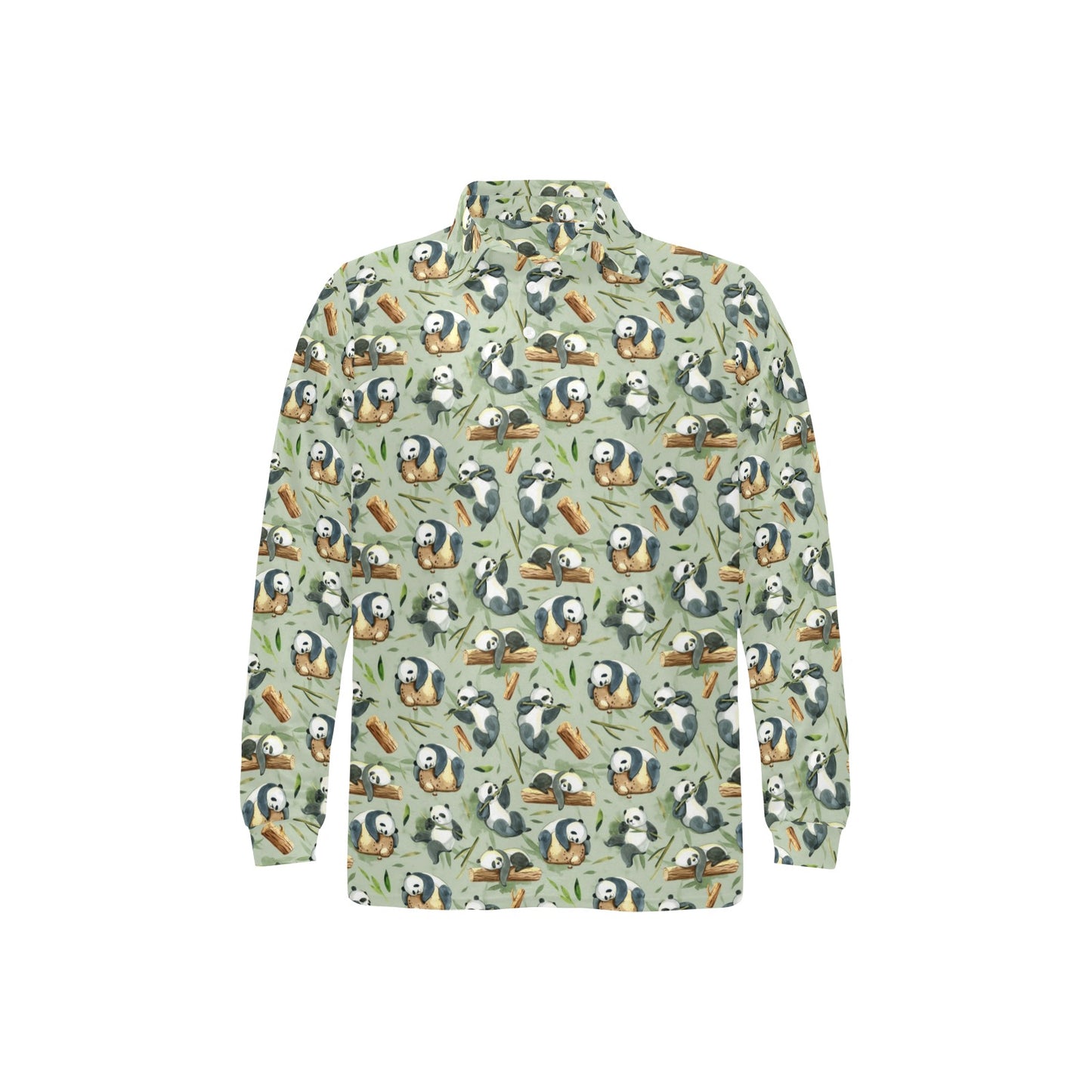 Panda Bear Design Bamboo Print Long Sleeve Polo Shirt For Men's