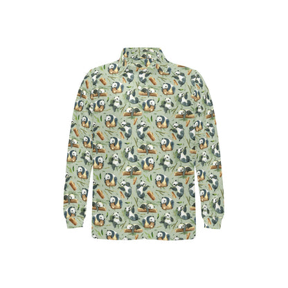 Panda Bear Design Bamboo Print Long Sleeve Polo Shirt For Men's