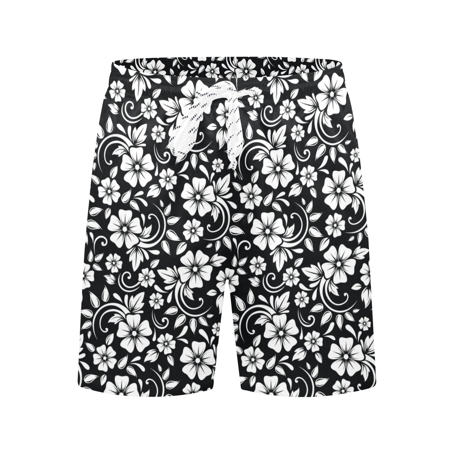 Floral Black White Themed Print Men's Swim Trunks Beach Shorts