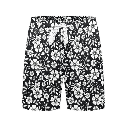 Floral Black White Themed Print Men's Swim Trunks Beach Shorts