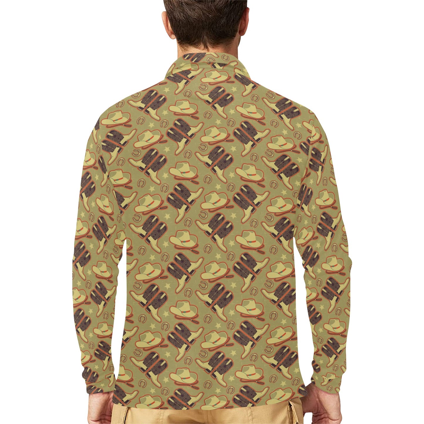 Western Cowboy Themed Long Sleeve Polo Shirt For Men's