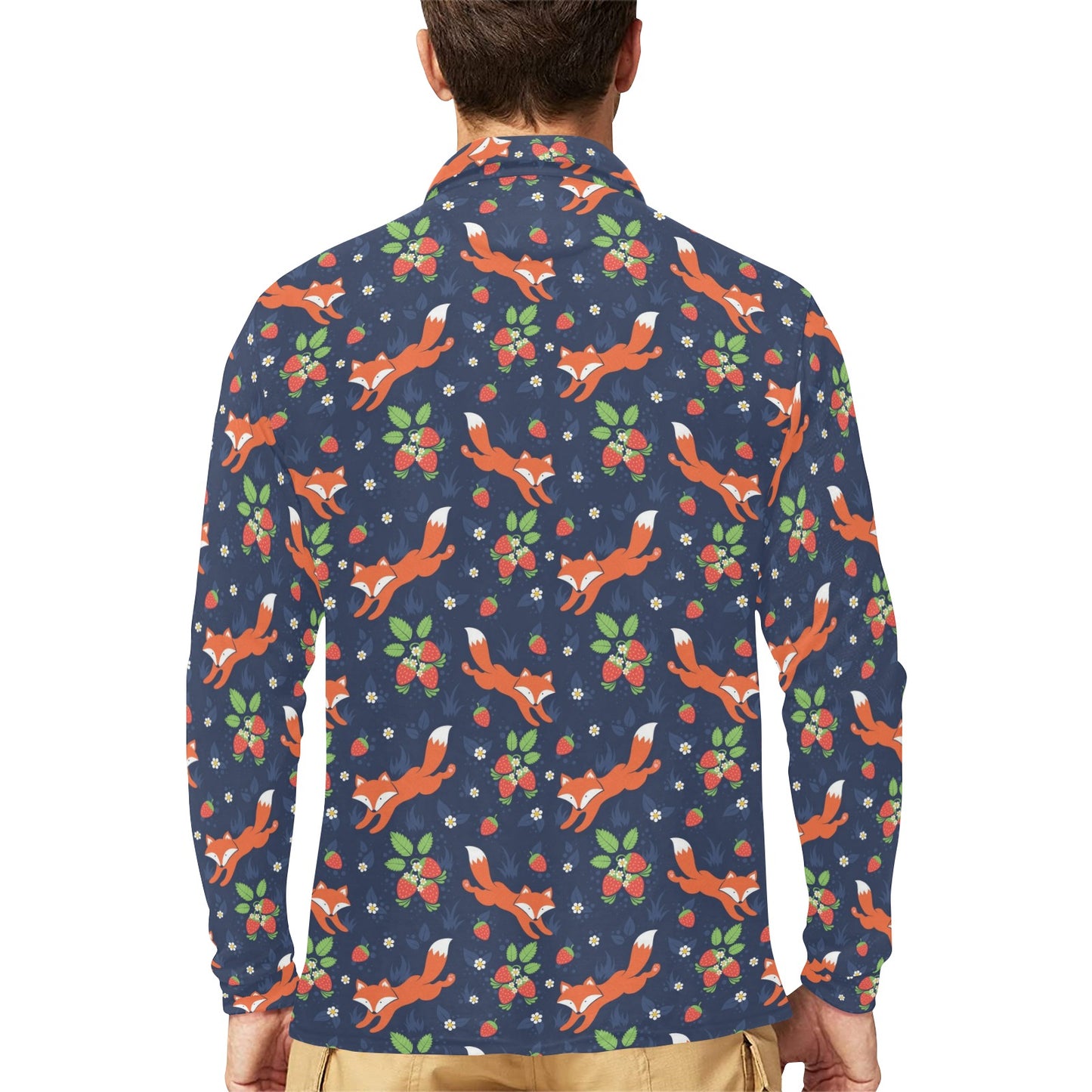 Fox Strawberry Print Pattern Long Sleeve Polo Shirt For Men's