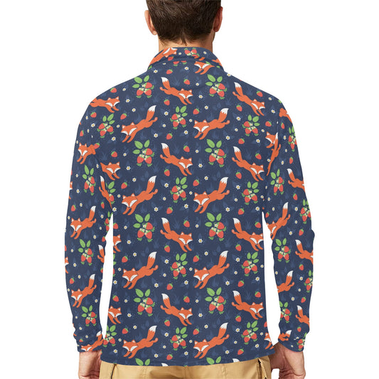 Fox Strawberry Print Pattern Long Sleeve Polo Shirt For Men's