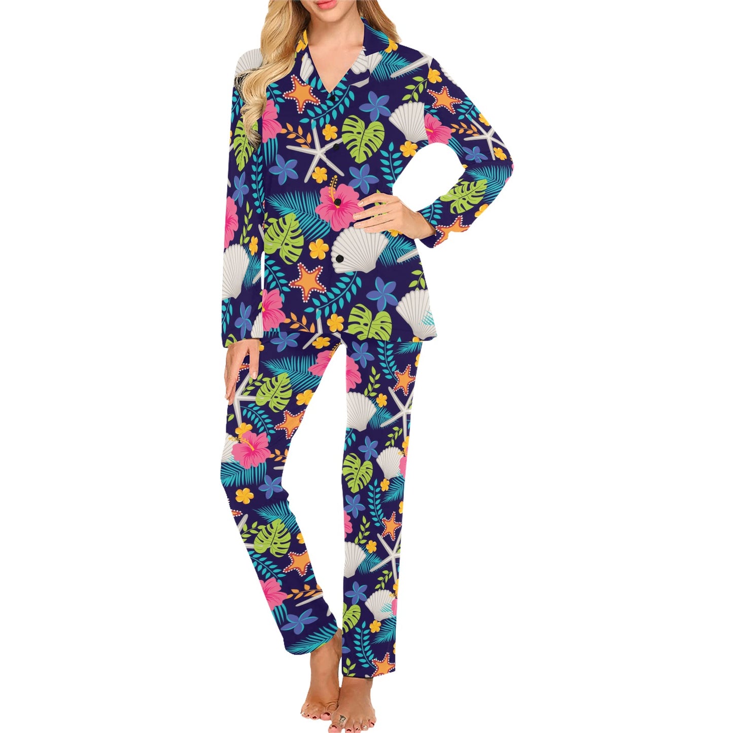 Beach Seashell Floral Theme Women's Long Pajama Set