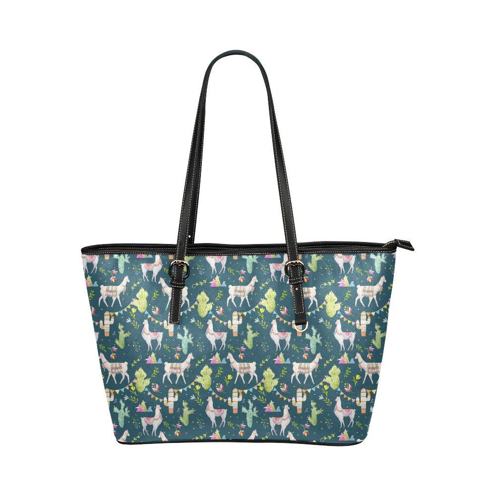 Llama with Cactus Design Print Leather Tote Bag