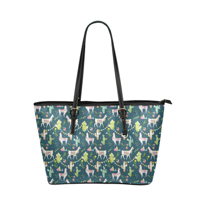 Llama with Cactus Design Print Leather Tote Bag