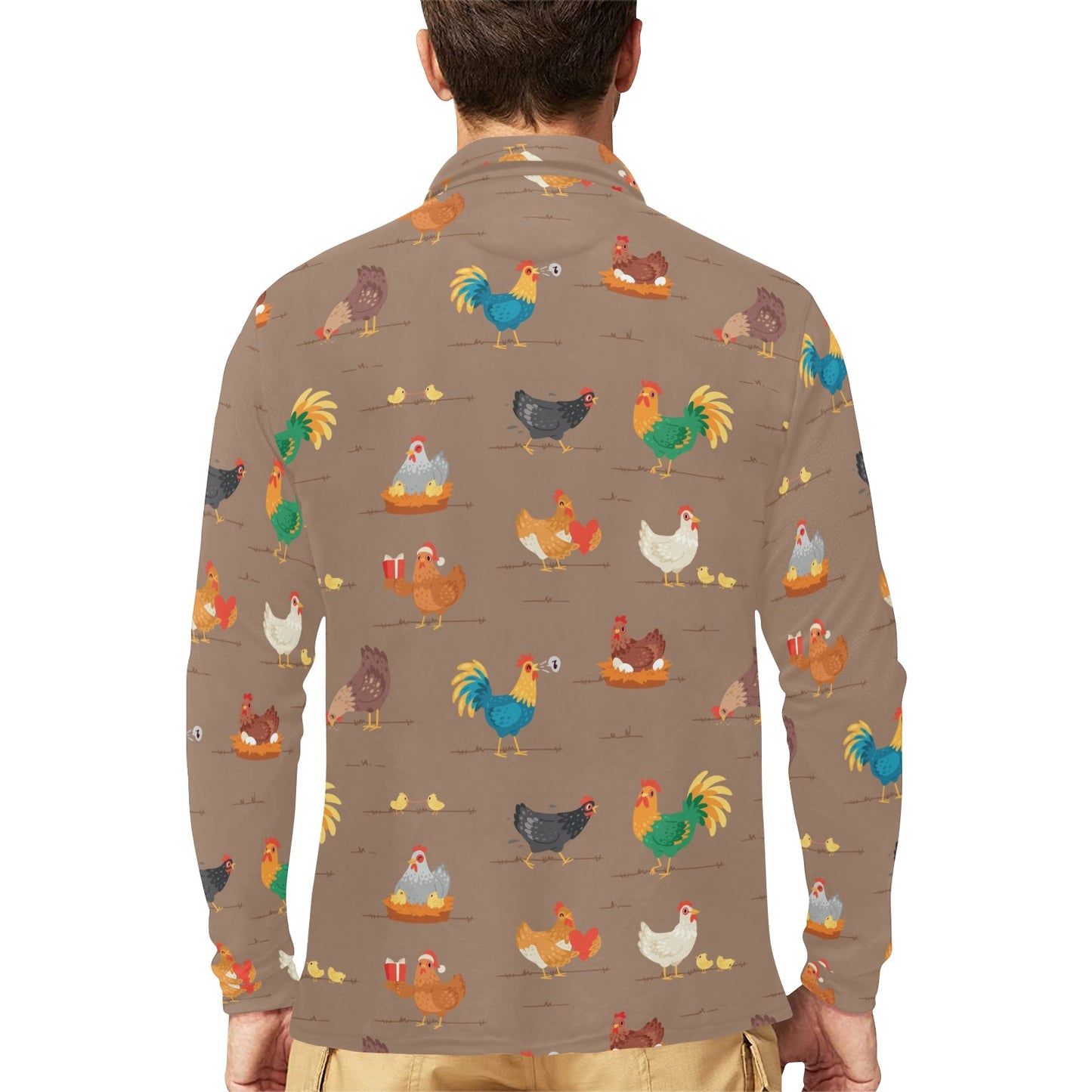Chicken Happy Print Pattern Long Sleeve Polo Shirt For Men's