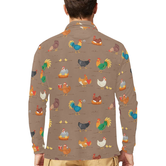 Chicken Happy Print Pattern Long Sleeve Polo Shirt For Men's