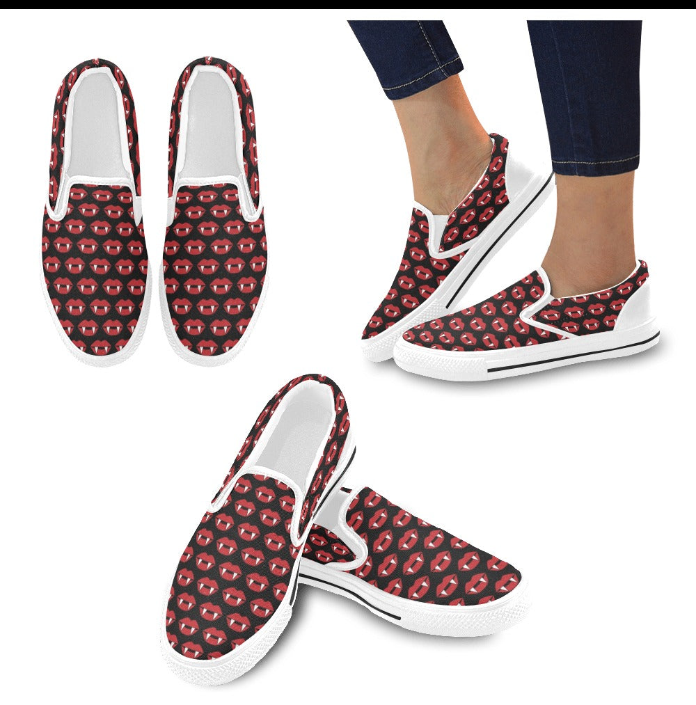Vampire Lips Print Design LKS302 White Slip Ons Canvas Women's Shoes