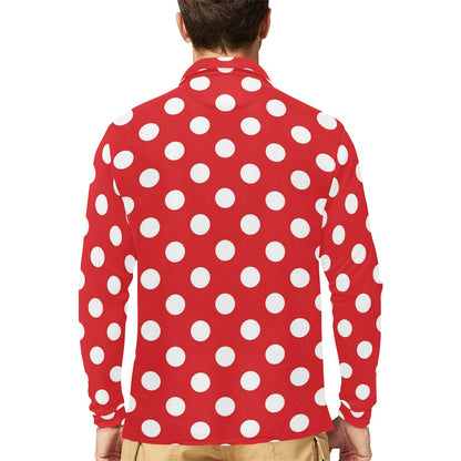 Polka Dot Red Pattern Print Design 04 Long Sleeve Polo Shirt For Men's