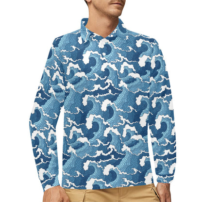 Wave Themed Pattern Print Long Sleeve Polo Shirt For Men's
