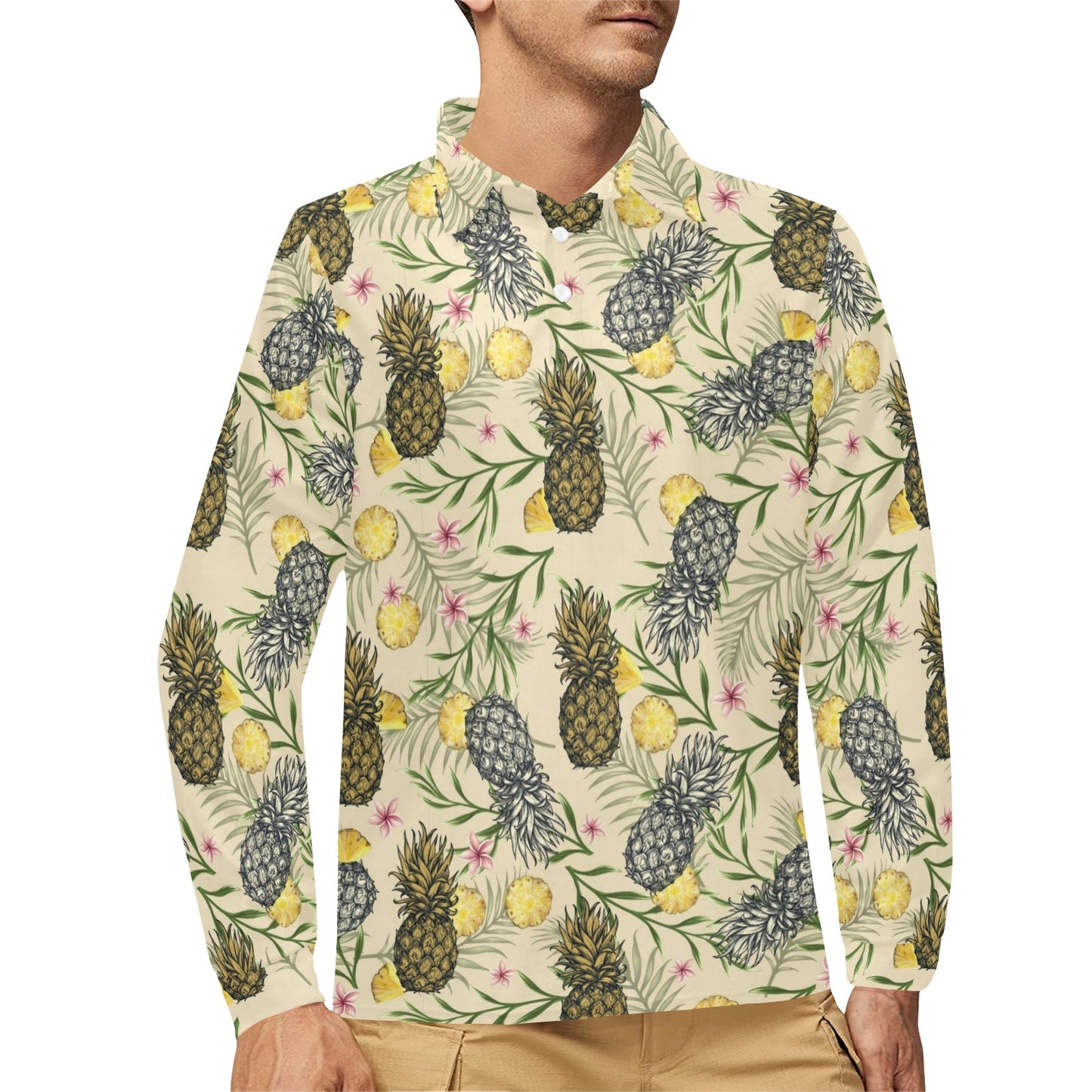 Pineapple Pattern Print Design PP012 Long Sleeve Polo Shirt For Men's