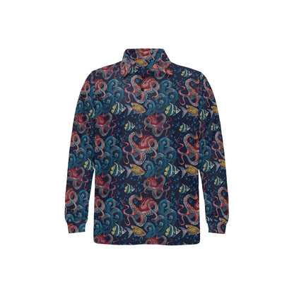 Underwater Giant Squid Print Design LKS302 Long Sleeve Polo Shirt For Men's